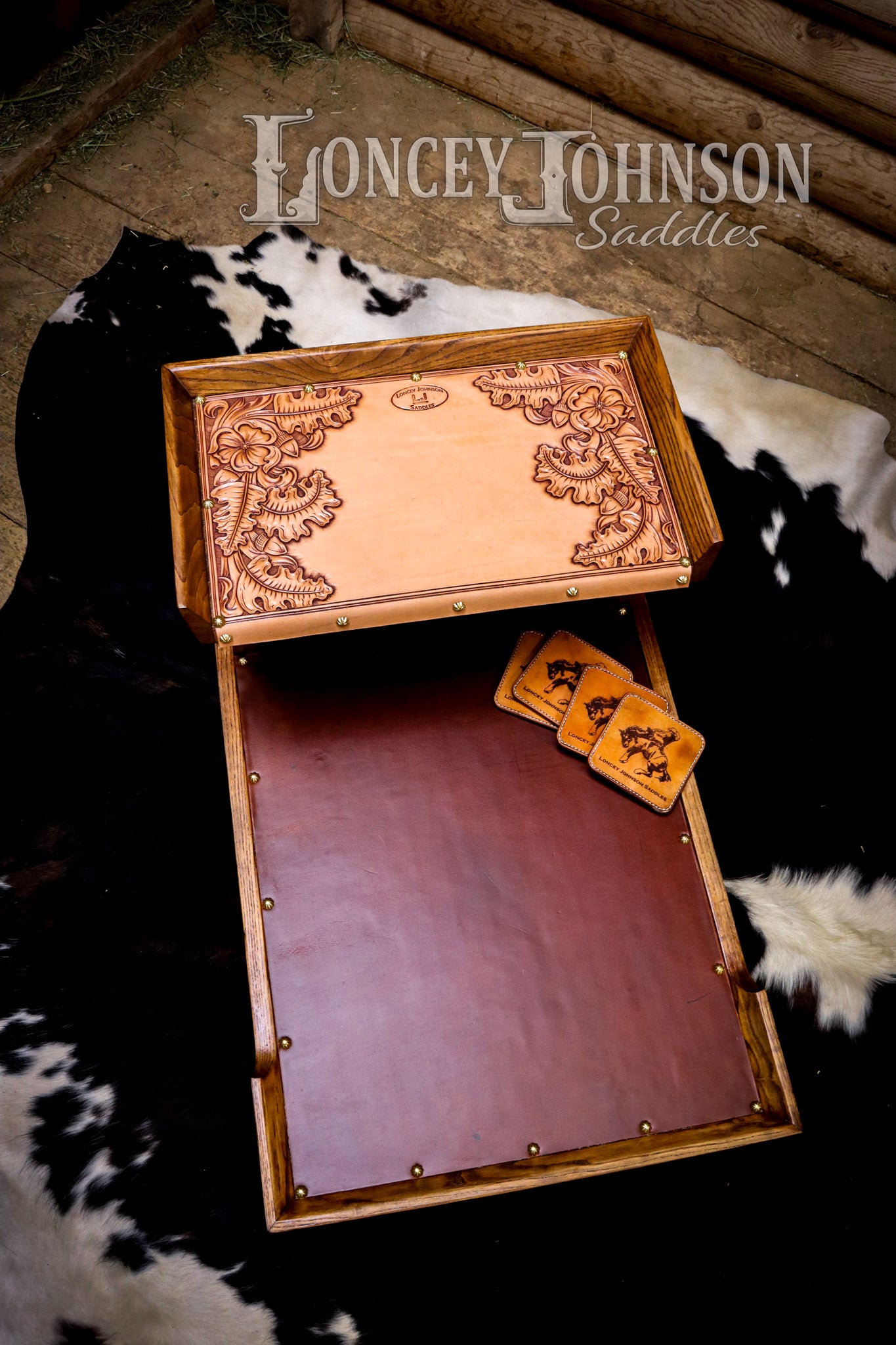 Hand Tooled Leather Lined Coffee Table